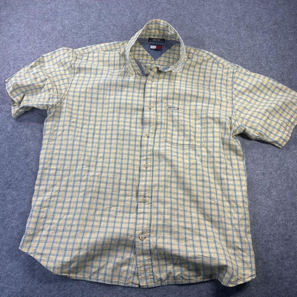 Tommy Jeans Shirt Mens XL Yellow Plaid Short Sleeve Button Up Casual Cotton